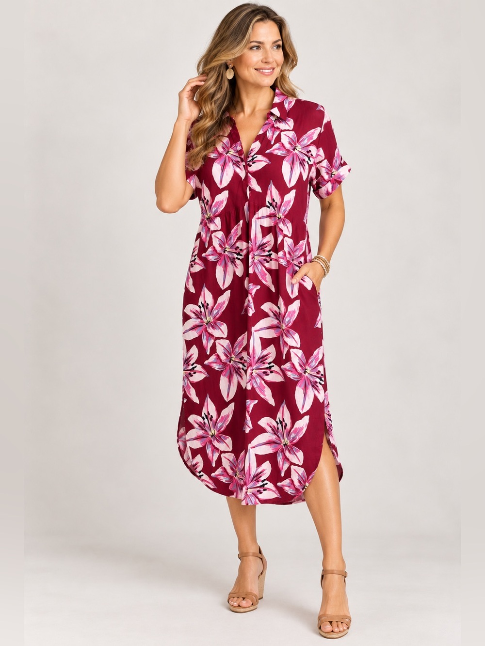 Wonderly M Burgundy Floral Rayon Linen Midi Shirt Dress Pockets